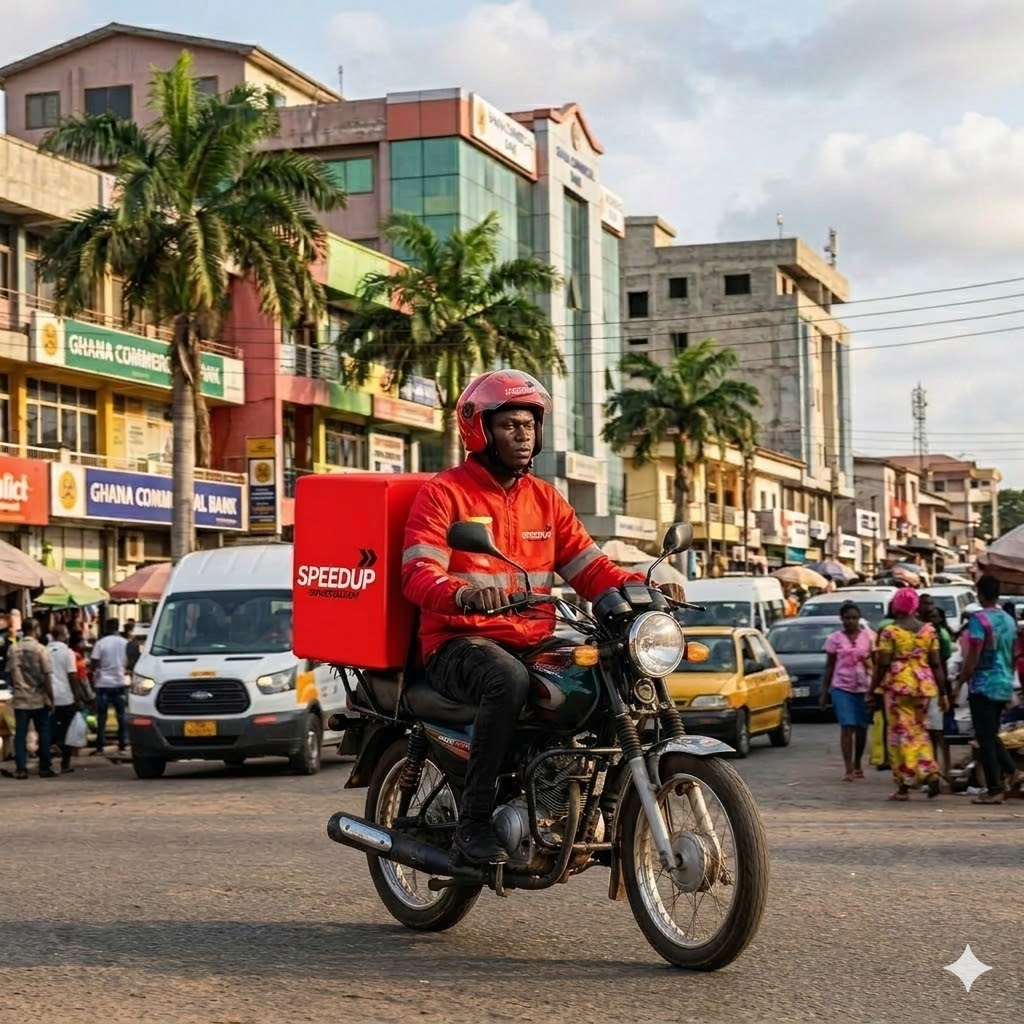 SpeedUp GH delivery rider on a motorcycle in Accra